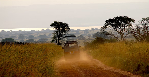 Safari vehicle in a dusty plain